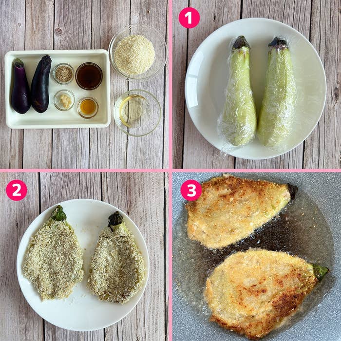 料理の手順を示す画像。1. ラップに包まれたなす、2. パン粉をまぶしたなす、3. フライパンで揚げるなす。
