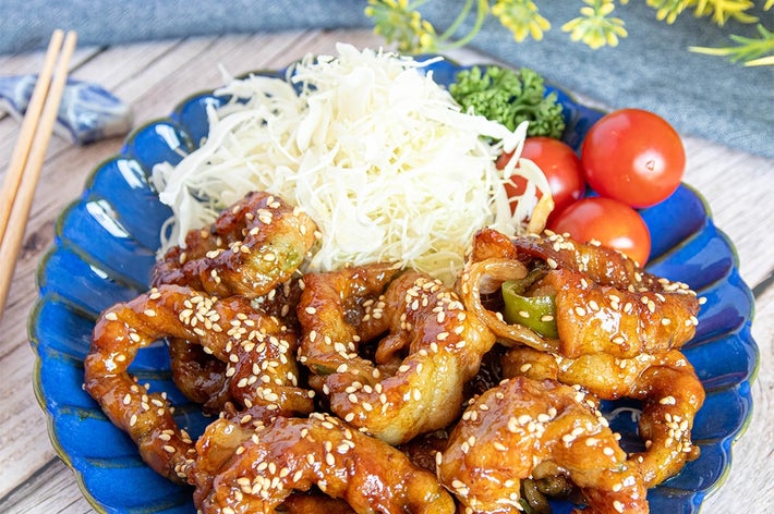 お皿に盛られたごまを振りかけた料理、千切りキャベツ、プチトマト、パセリが添えられている。