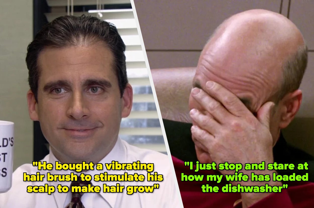 Split image of a smiling man holding a mug and a man facepalming. Captions describe humorous domestic situations