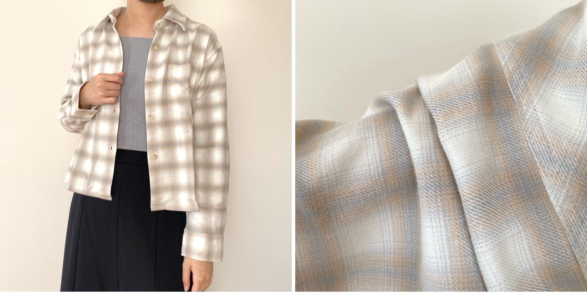 Person wearing a plaid shirt over a top, paired with a skirt; close-up shows the plaid pattern in detail