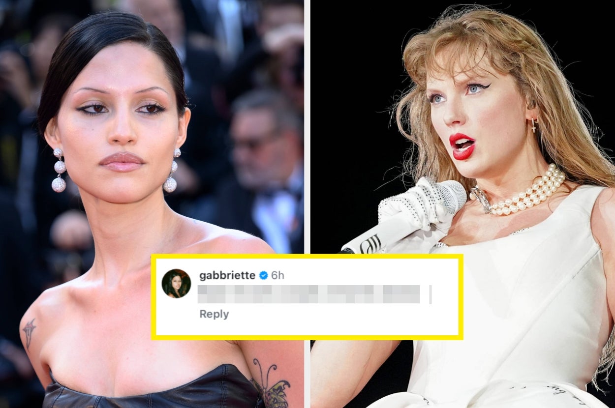 Two celebrities on separate sides; one in a strapless dress with pearl earrings, the other in an elegant dress holding a microphone