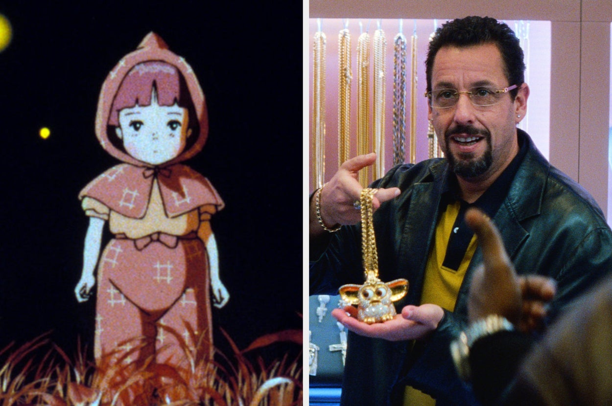 Left: Animated character in a hooded outfit stands in a field. Right: Person in a leather jacket holds a bejeweled chain in a shop