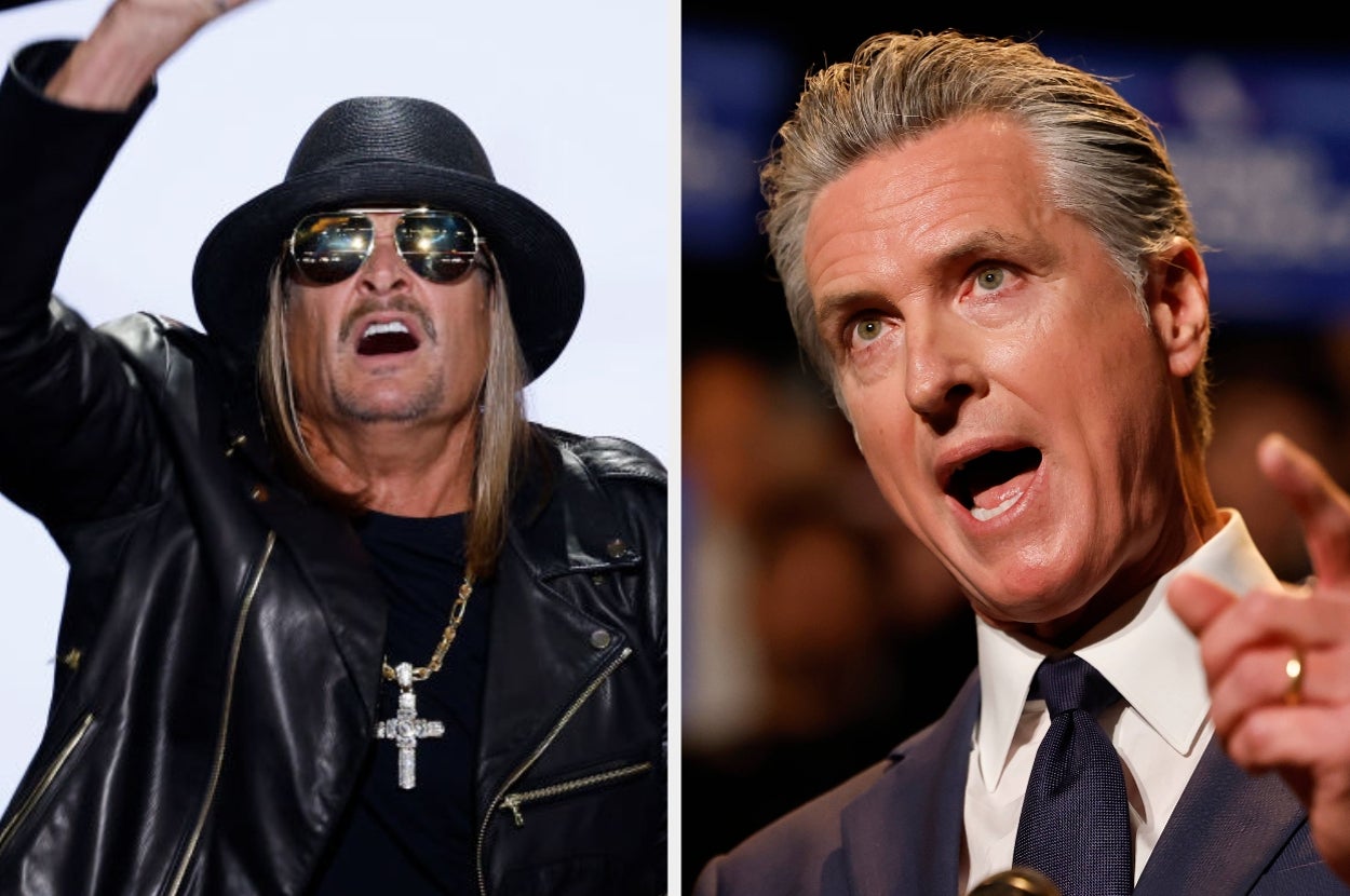 Two individuals appear in separate images: one in a leather outfit and hat, the other in a suit, speaking into a microphone
