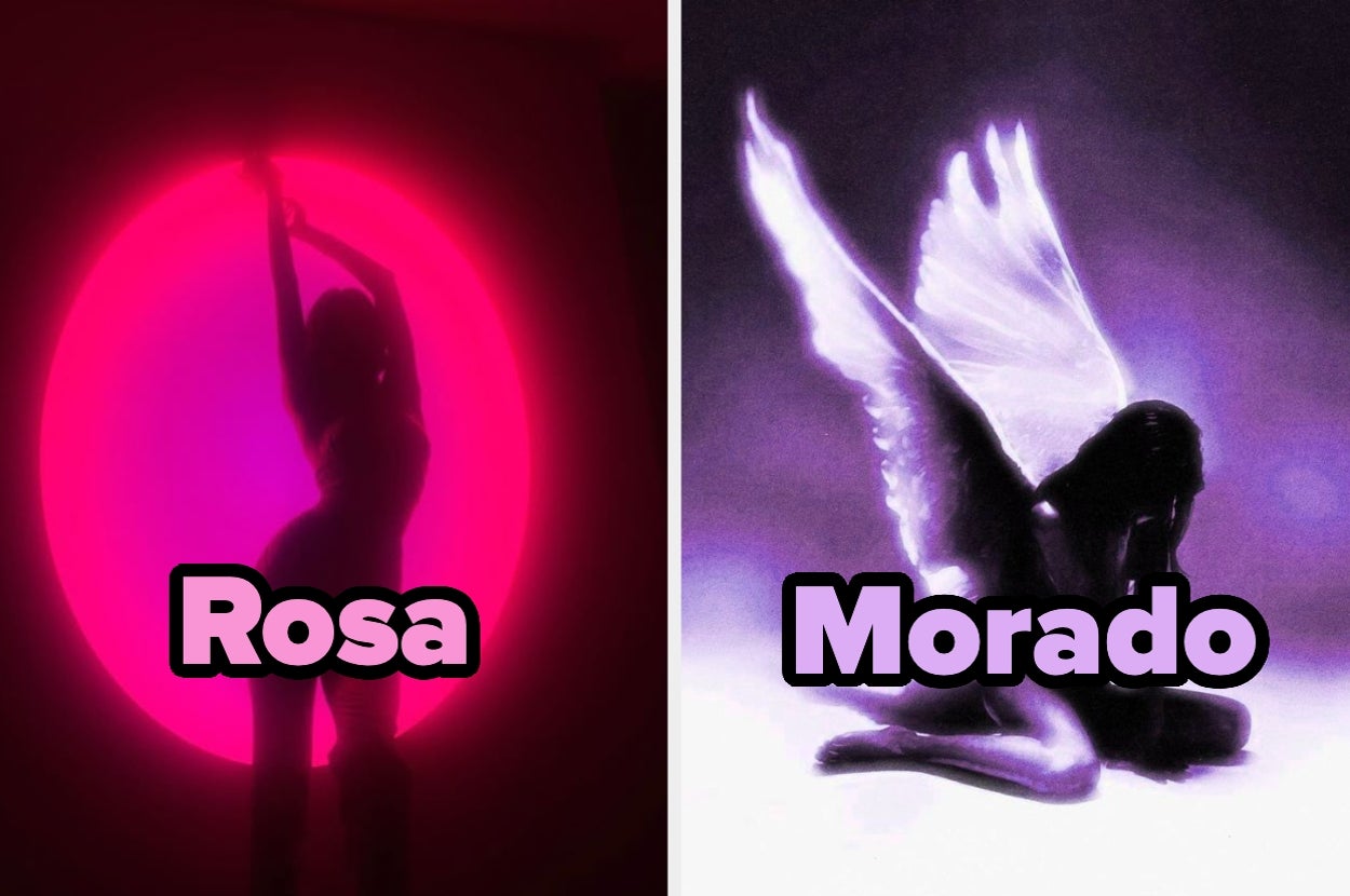 Two silhouette images: left, a person poses against a bright circular backdrop; right, a person with angel wings crouches, both with text "Rosa" and "Morado."