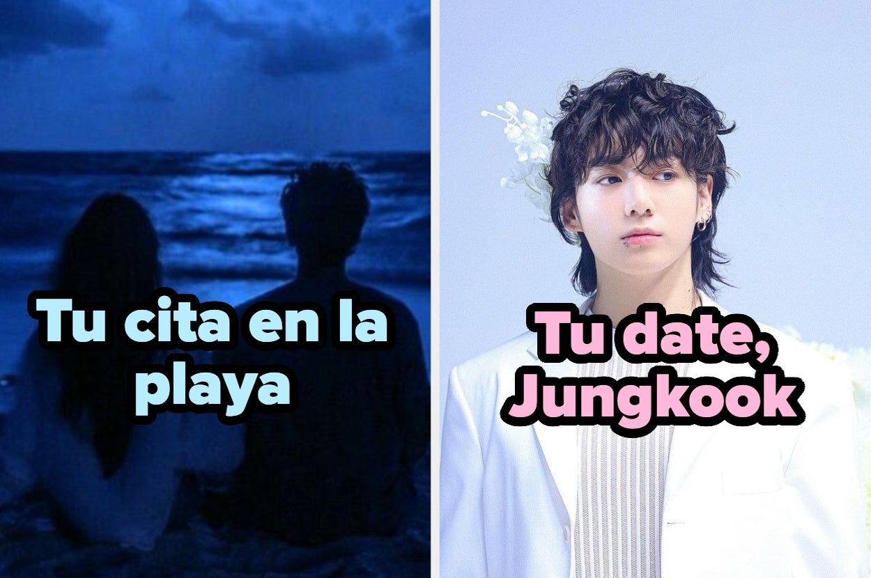 Dos imágenes: Izquierda muestra una pareja en la playa con texto "Tu cita en la playa". Derecha, persona en traje blanco con texto "Tu date, Jungkook"