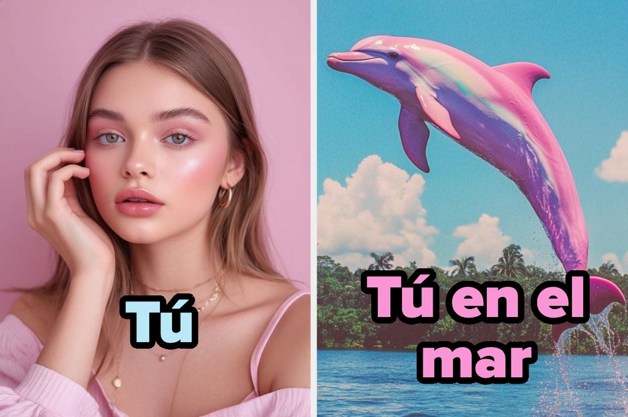 A la izquierda, una modelo con maquillaje suave. A la derecha, un delfín saltando sobre el mar. Texto: "Tú" y "Tú en el mar"