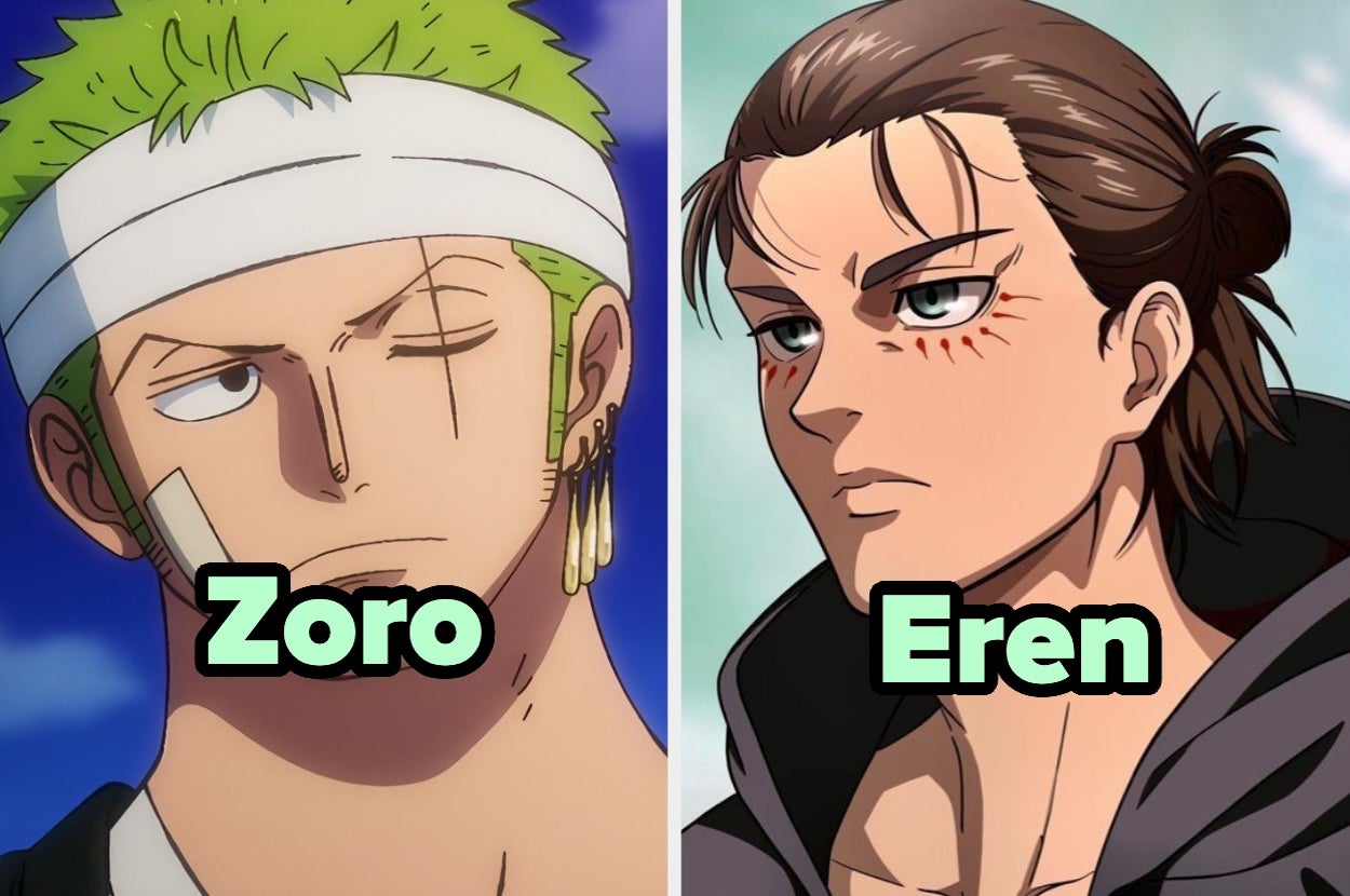 Personajes animados Zoro, con banda en la cabeza y cicatriz, y Eren, con mirada seria y cabello recogido. Nombre de cada uno en el pecho