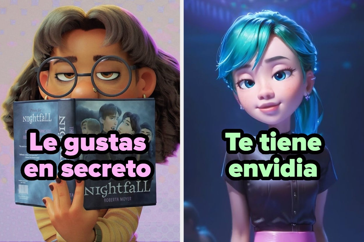Dos ilustraciones de personajes; uno con gafas sosteniendo un libro, con texto "Le gustas en secreto", y otro personaje con cabello azul, con texto "Te tiene envidia"