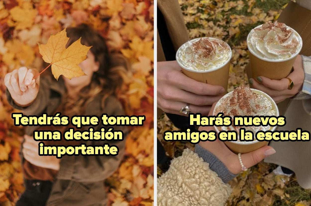 Dos imágenes lado a lado. Izquierda: persona sosteniendo una hoja. Texto: "Tendrás que tomar una decisión importante". Derecha: manos con bebidas. Texto: "Harás nuevos amigos en la escuela"