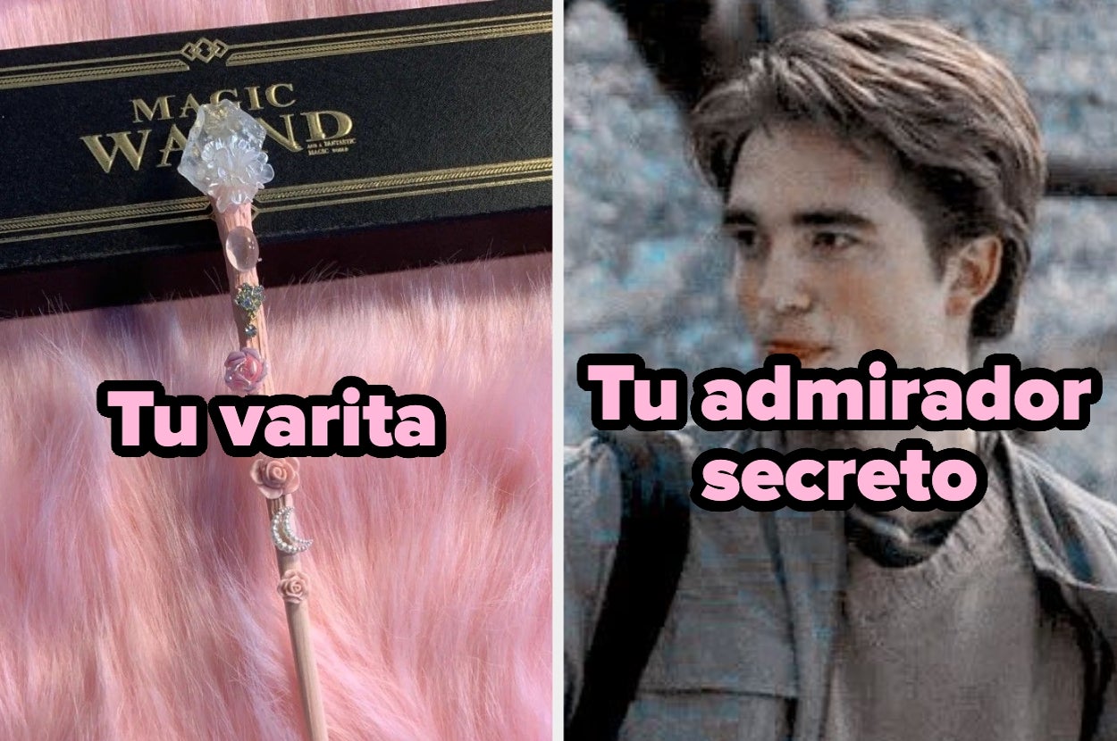 Varita mágica decorada junto a una imagen de una persona con un suéter. Texto: "Tu varita" y "Tu admirador secreto"