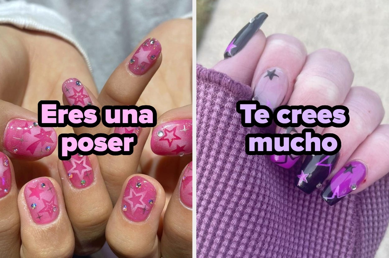 Manicuras de estrellas: una de uñas rosadas con estrellas dibujadas, y otra de uñas oscuras con estrellas, cada una con texto colocándolas comparativamente