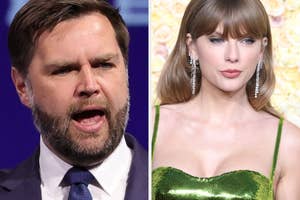 Two individuals, a man speaking passionately and a woman in a shiny dress with statement earrings, appear in separate images
