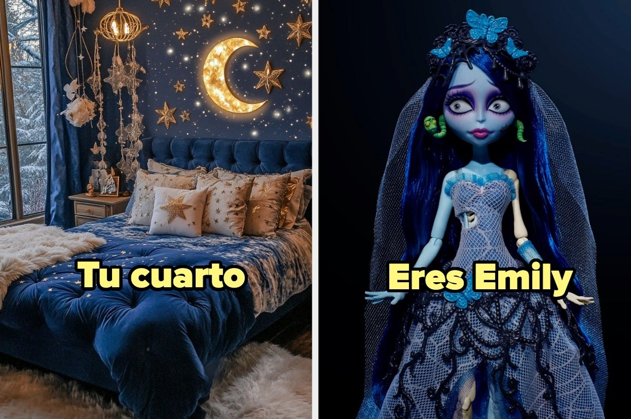 Izquierda: Dormitorio decorado con estrellas y luna. Derecha: Muñeca azul vestida de novia. Texto: "Tu cuarto" y "Eres Emily"