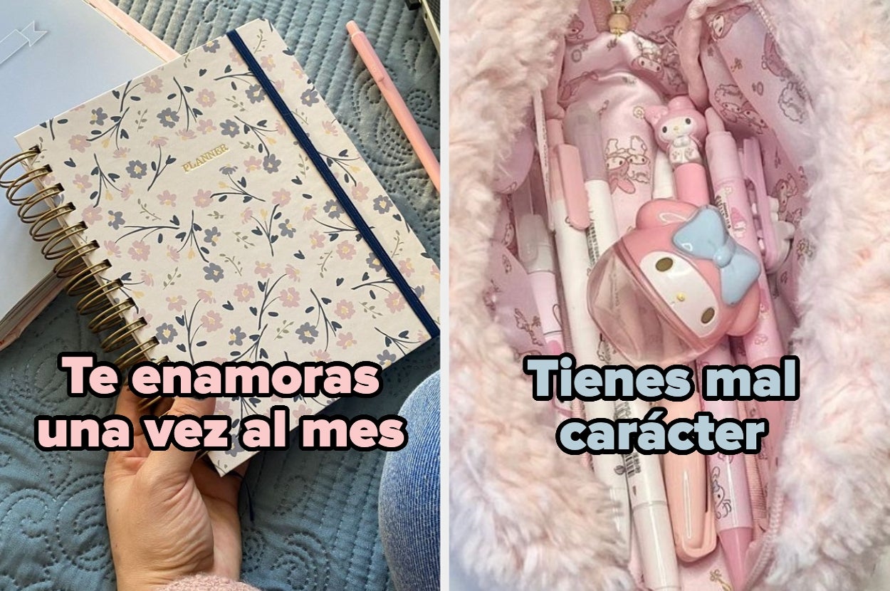 Left: Floral planner with text "Te enamoras una vez al mes." Right: Pink stationery with text "Tienes mal carácter."
