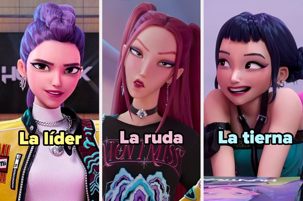 Personajes animados con expresiones de líder, ruda y tierna, etiquetados según su personalidad