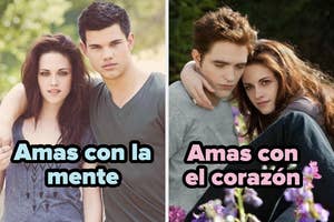 Dos parejas famosas de cine abrazadas. Texto: "Amas con la mente" y "Amas con el corazón"