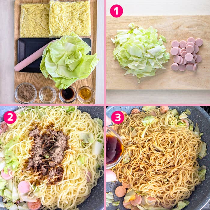 調理手順付きのインスタントラーメンの写真セット。キャベツ、ソーセージを加え、ソースをかけた後に炒められている。