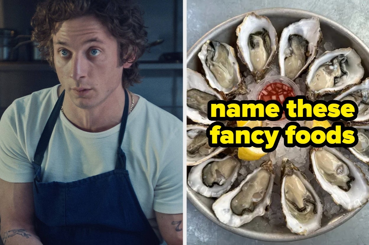 Split image of Jeremy Allen White in "The Bear" and a plate of oysters. Text: "name these fancy foods"
