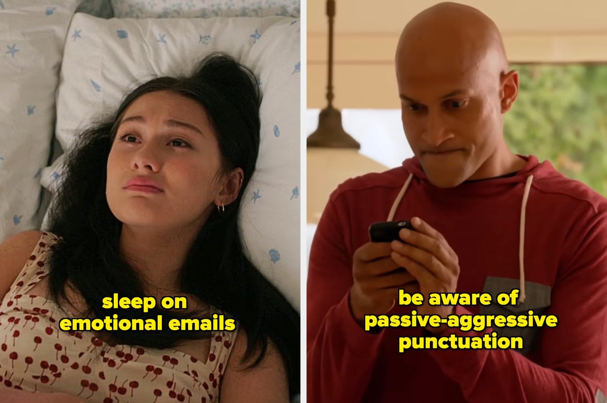 Two images: Left, person lying in bed with "sleep on emotional emails." Right, person looking at phone with "be aware of passive-aggressive punctuation."