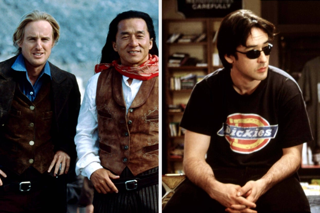 Two actors in Western attire smiling beside another actor in casual clothing with sunglasses indoors