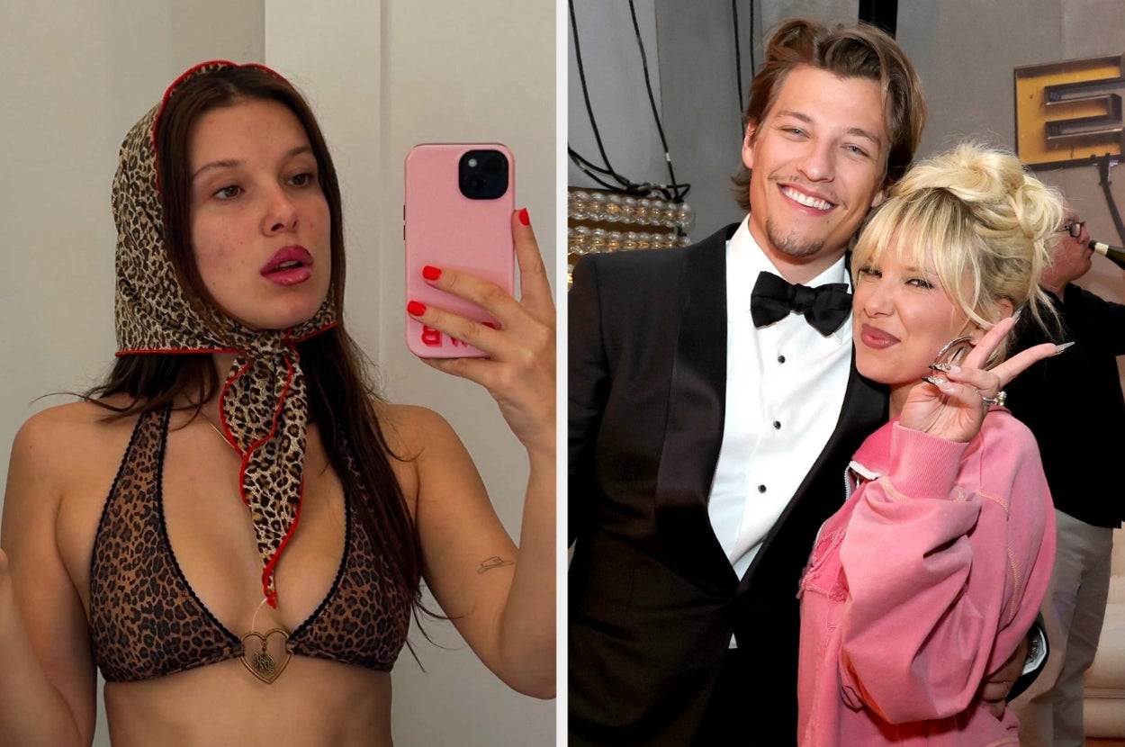 Left: Millie Bobby Brown taking a mirror selfie. Right: Millie Bobby Brown and Jake Bongiovi at an event
