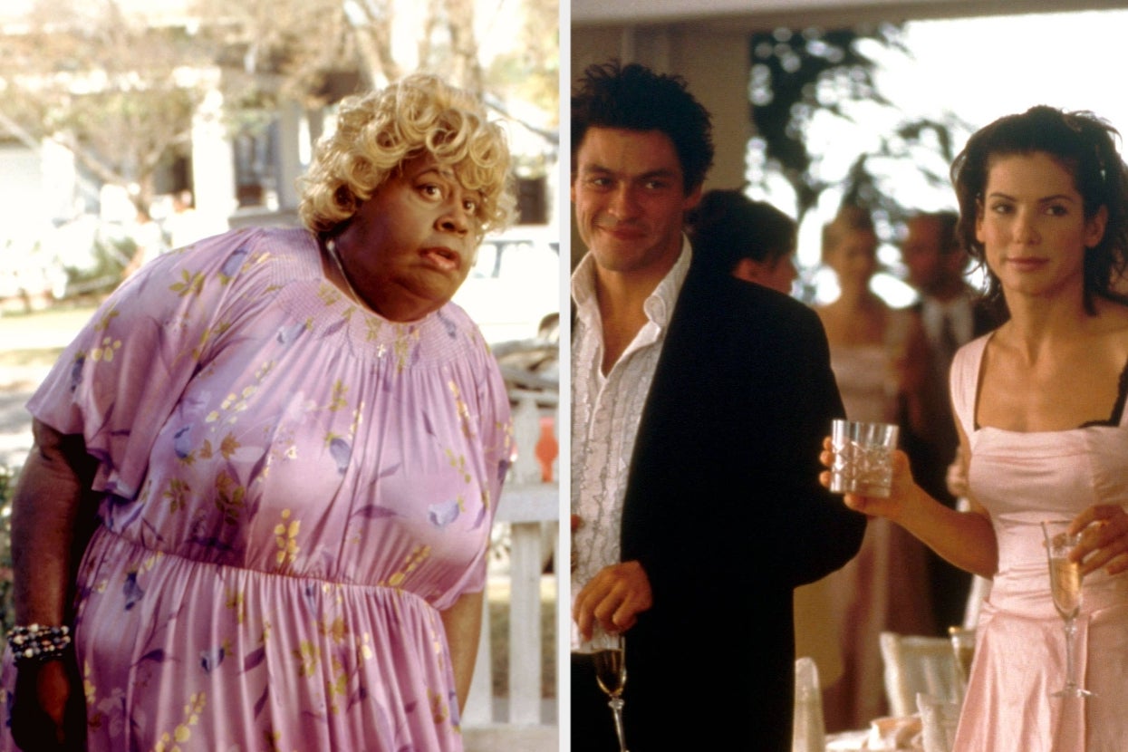 Two movie stills: Left, person in a floral dress portraying a comedic character. Right, a party scene with two people dressed formally holding drinks