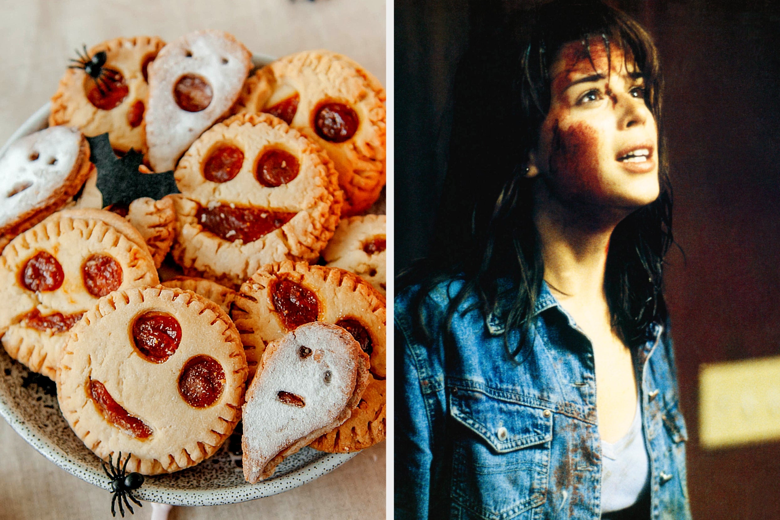 Plate of spooky face cookies next to a person in distressed denim clothing looking upwards