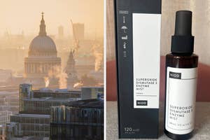 Cityscape with St. Paul's Cathedral at sunset; next to it, a NIOD Superoxide Dismutase Saccharide Mist bottle and box