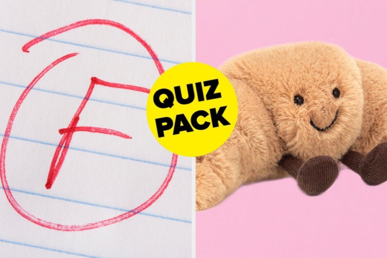Left: "F" grade on notebook paper. Right: Smiling plush toy with a yellow "Quiz Pack" label