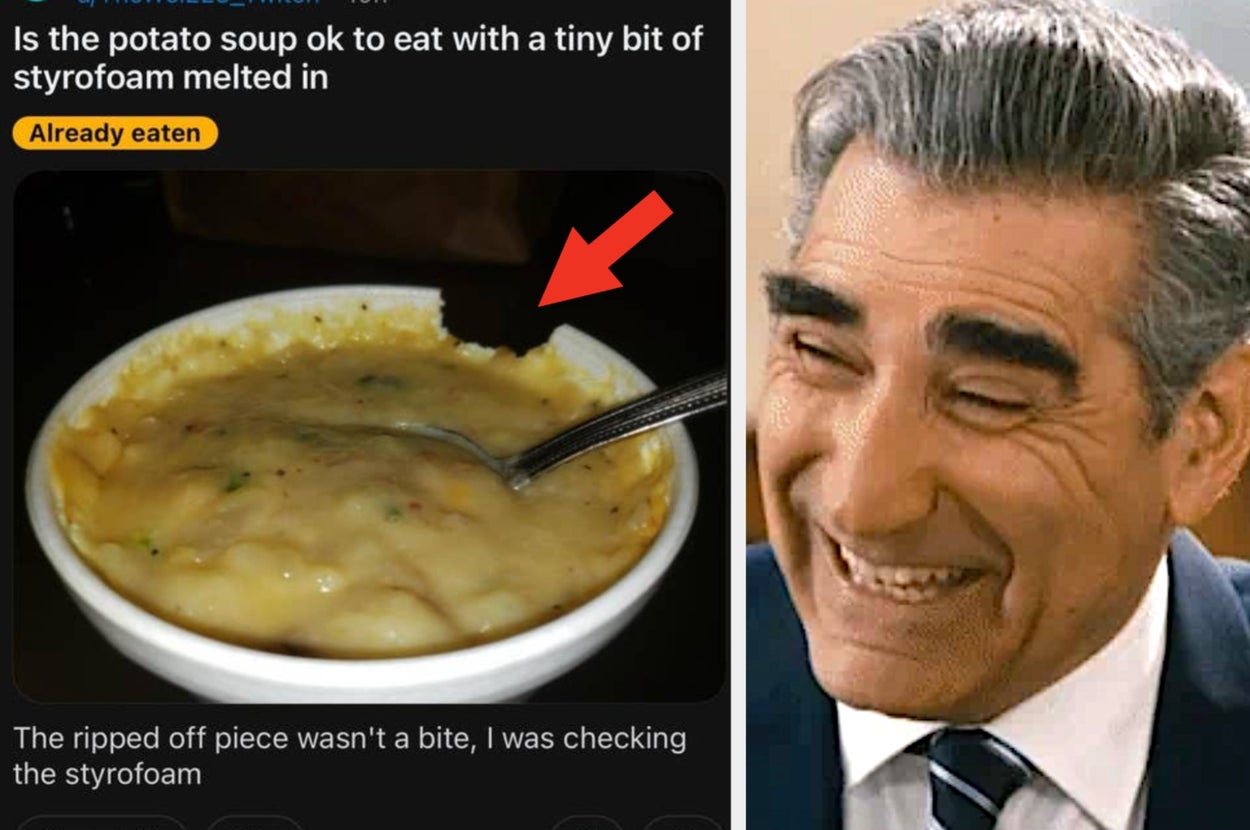 A bowl of potato soup with a spoon and a small piece of styrofoam. A man is smiling in an adjacent section of the image
