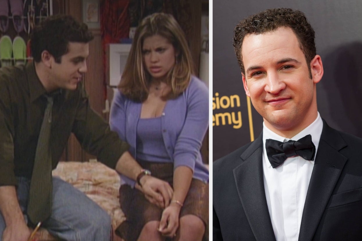 A man in a suit with a bow tie at an event; beside it, he sits on a TV set couch with a woman in casual attire