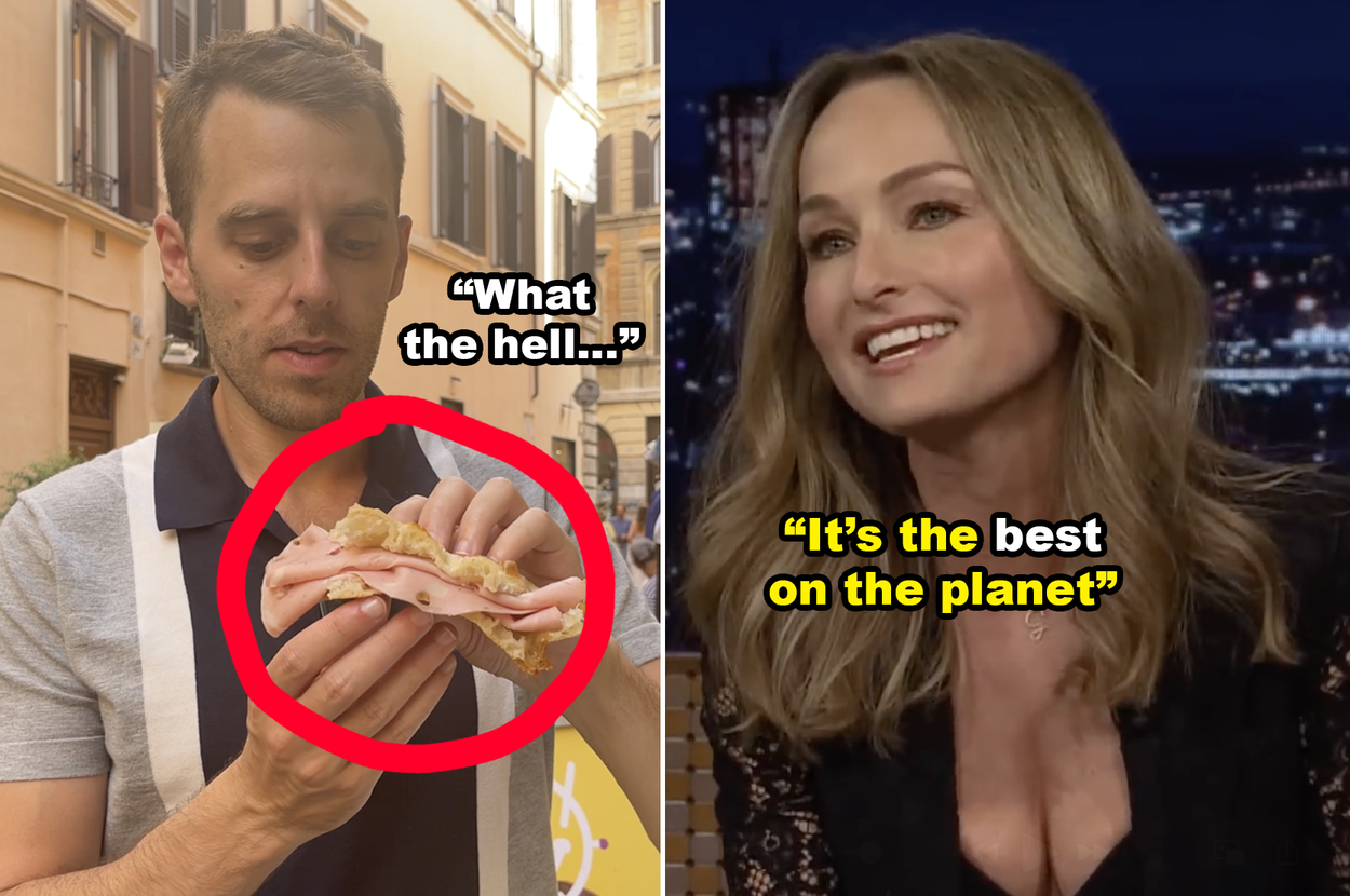 A side-by-side of me holding a slice of pizza that looks like a sandwich stuffed with mortadella, next to an image of Giada De Laurentiis on a talk show with text saying, "It's the best on the planet"