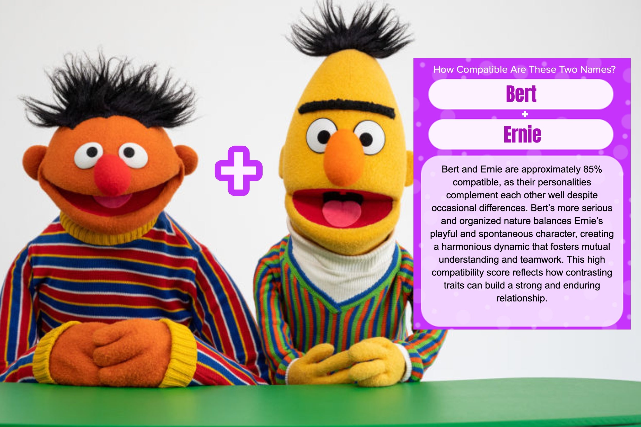 Bert and Ernie, from a popular kids' show, sit at a table. Text discusses their 85% personality compatibility and emphasizes teamwork and understanding