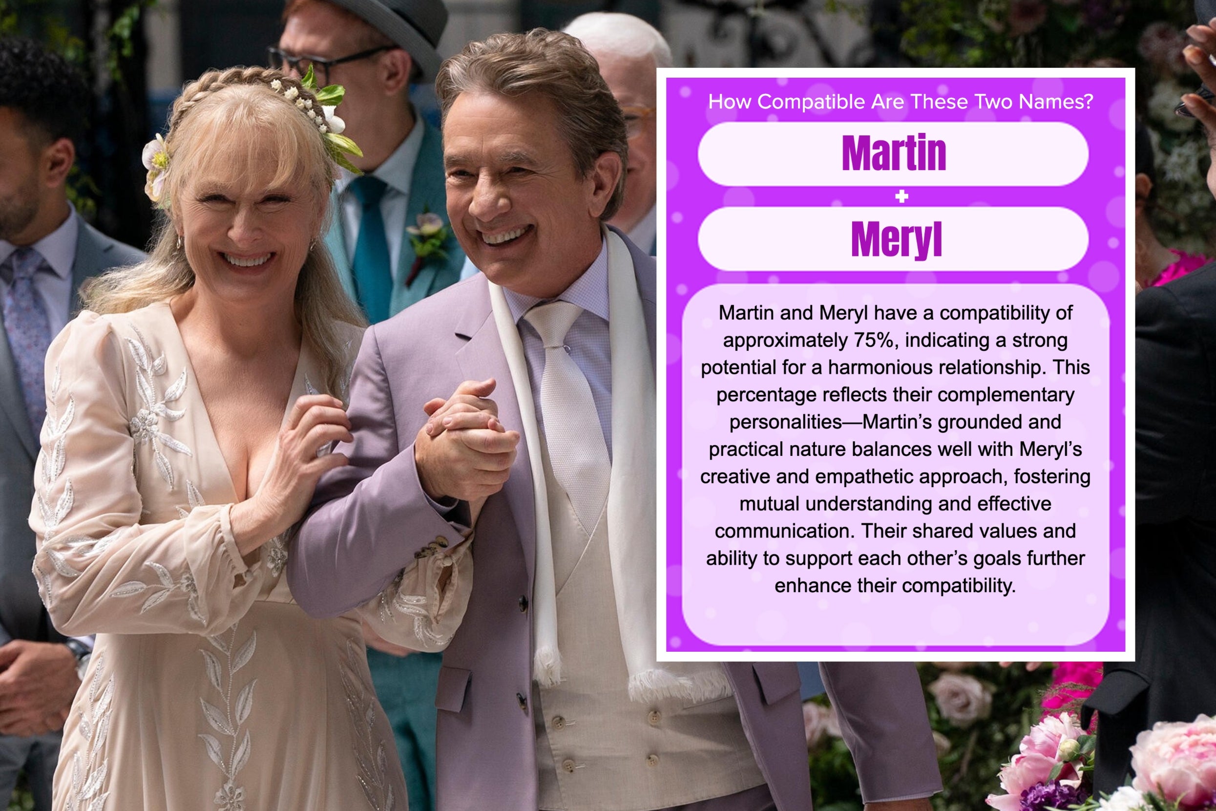 Couple in elegant attire smiling, holding hands. Text box profiles names "Martin" and "Meryl," indicating 75% compatibility and harmonious relationship traits