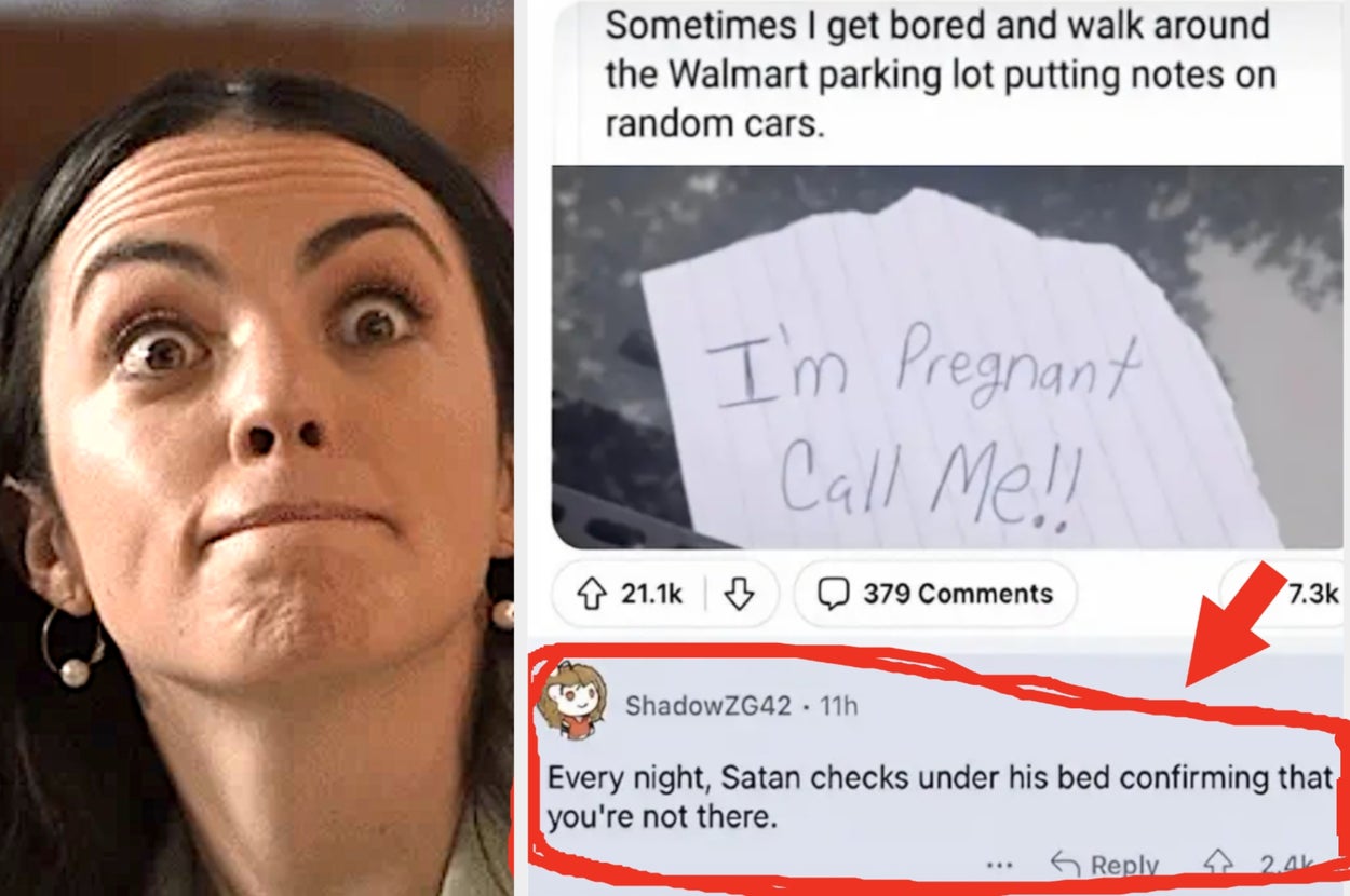 A woman looks surprised in a meme. A Facebook post shows a note: "I'm pregnant, call me!" with a comedic comment below about Satan