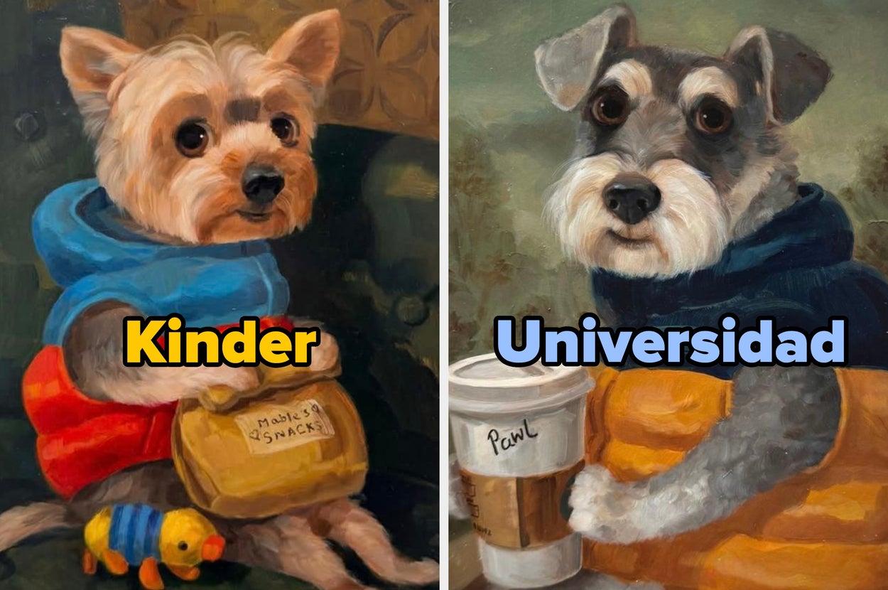Two dogs seated side by side, one in a red outfit holding a snack bag, labeled "Kinder," and the other in a blue hoodie with a coffee cup, labeled "Universidad."