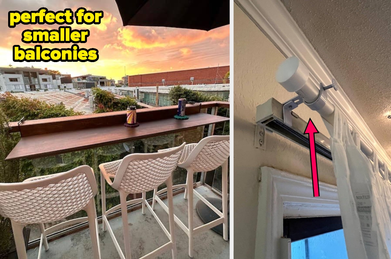 Simple bar setup on a small balcony with stools and a sunset view; adjustable tension curtain rod shown with arrow for easy installation