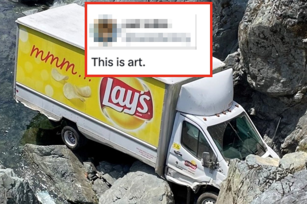 Delivery truck with Lay's logo stuck among rocky riverbed stones
