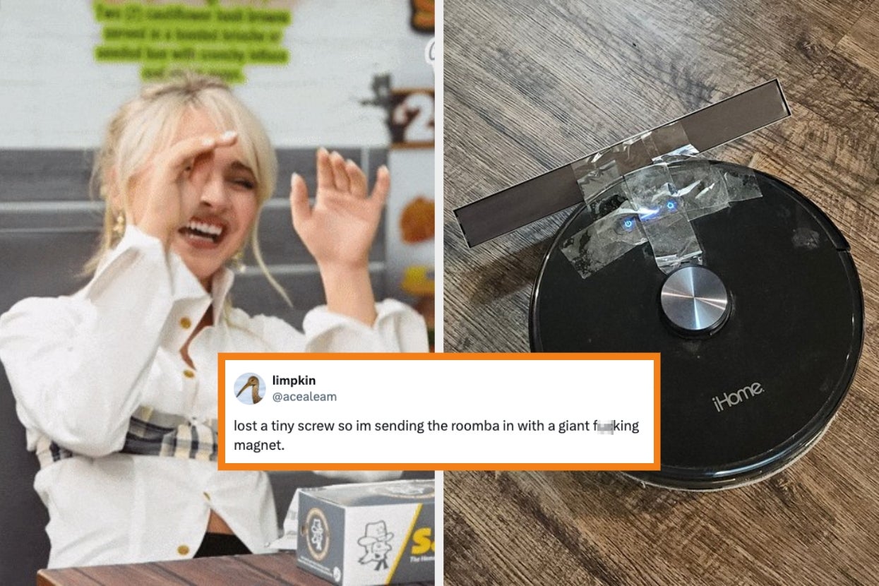 Person laughing with hands up next to a robot vacuum with a magnet, alongside a tweet about using the vacuum to retrieve a tiny screw