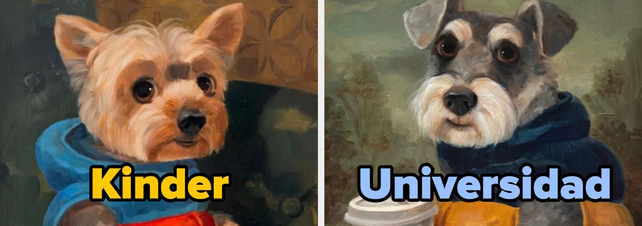 Two dogs seated side by side, one in a red outfit holding a snack bag, labeled "Kinder," and the other in a blue hoodie with a coffee cup, labeled "Universidad."
