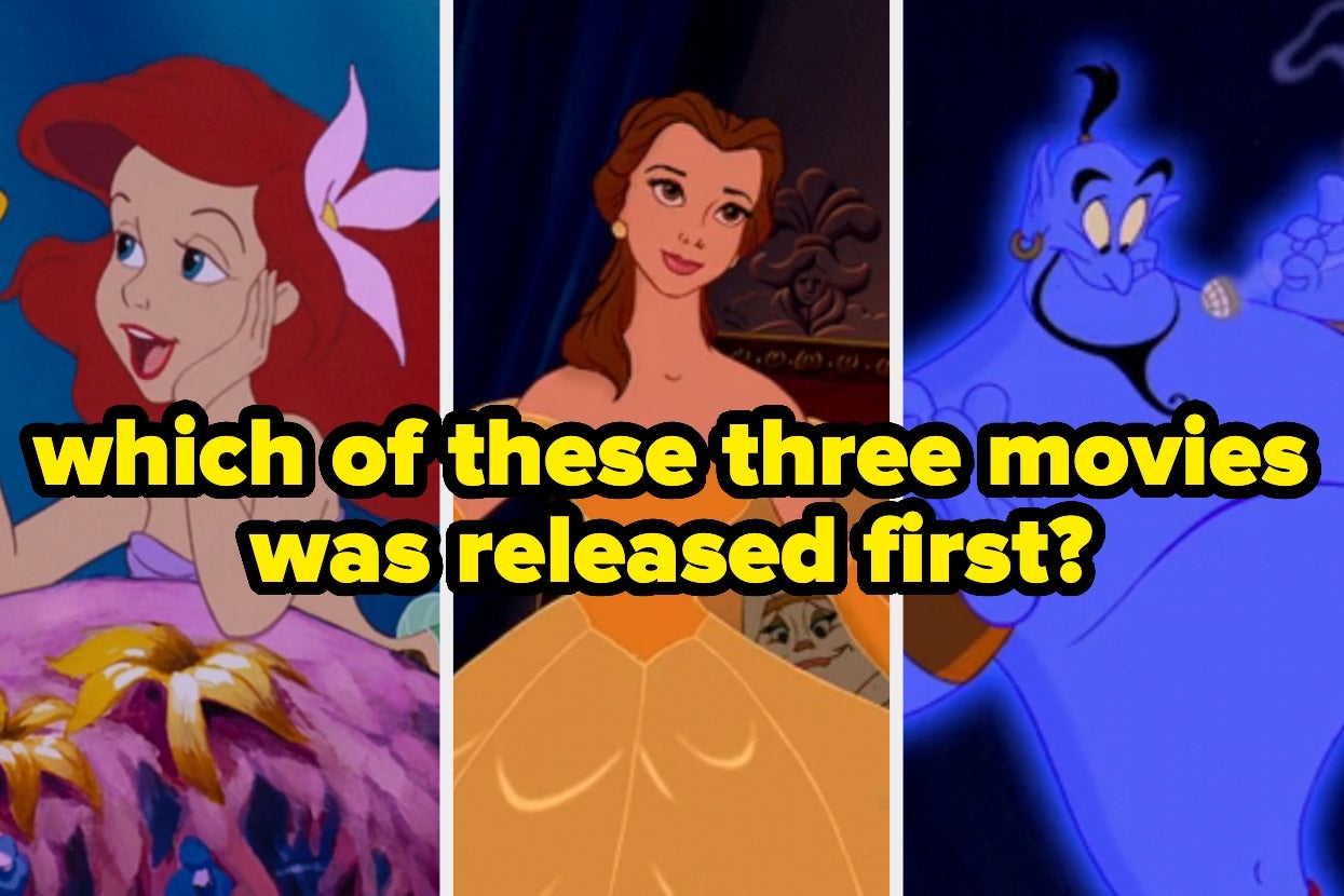Three Disney characters: Ariel, Belle, and Genie, with text asking which movie released first