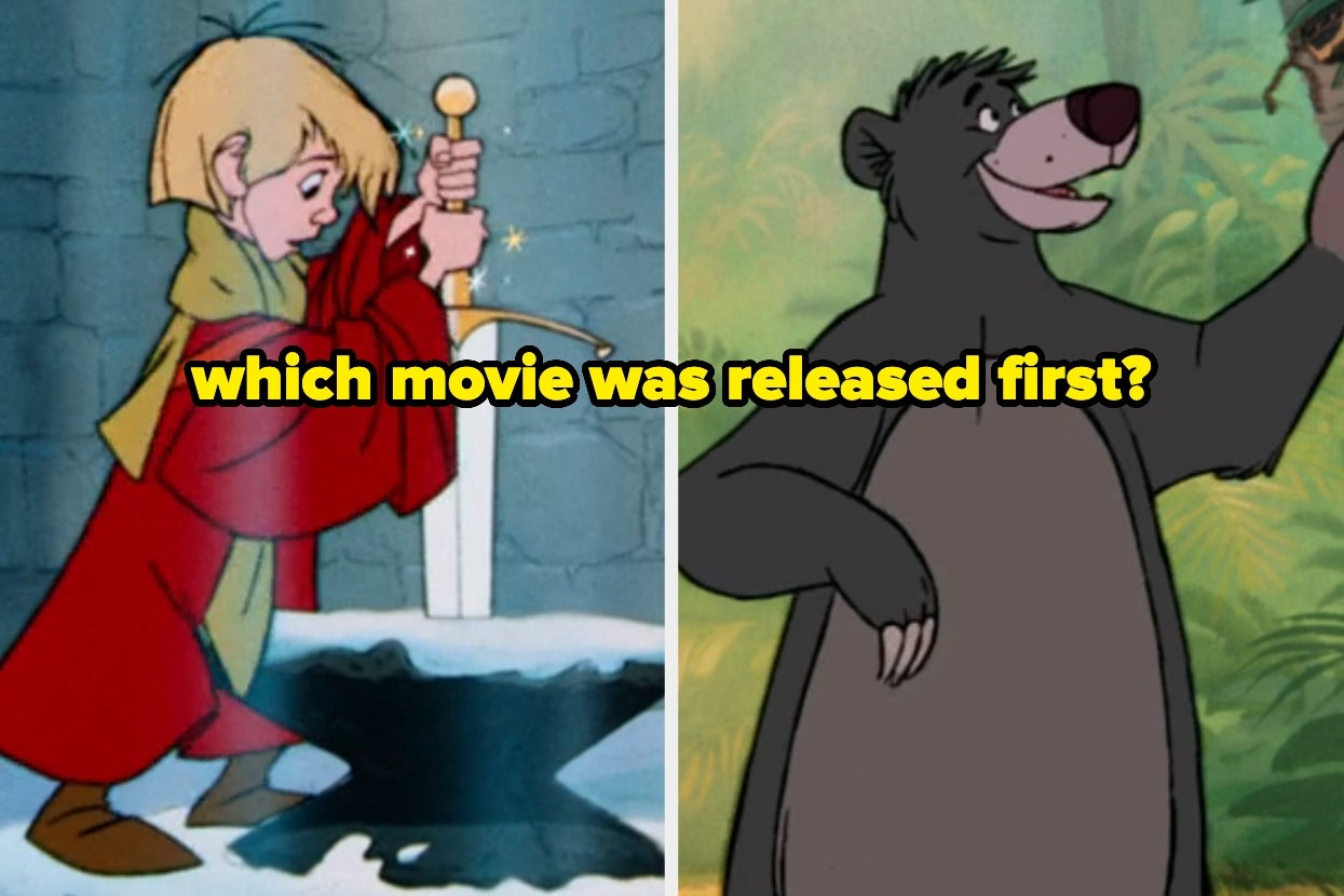 Side by side images from The Sword in the Stone and Jungle Book, with overlay text asking which was released first