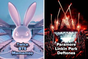 Divided image: left shows a stadium with a large rabbit head labeled "K-Pop"; right shows a concert stage with fireworks labeled "Rock"