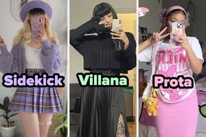Tres mujeres posan en atuendos de moda: una con estilo colegiala, otra de villana gótica, y la tercera con tema kawaii