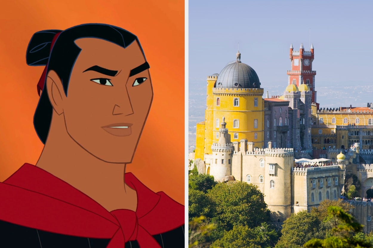 Animated character in a red outfit on the left; Pena Palace with its vibrant architecture on the right. Suitable for a travel article
