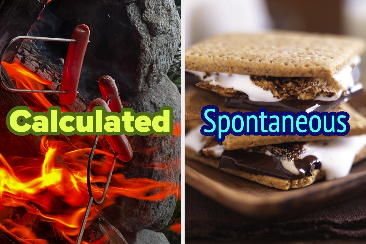 Two sides: Hot dogs roasting over fire labeled "Calculated" and s'mores labeled "Spontaneous."