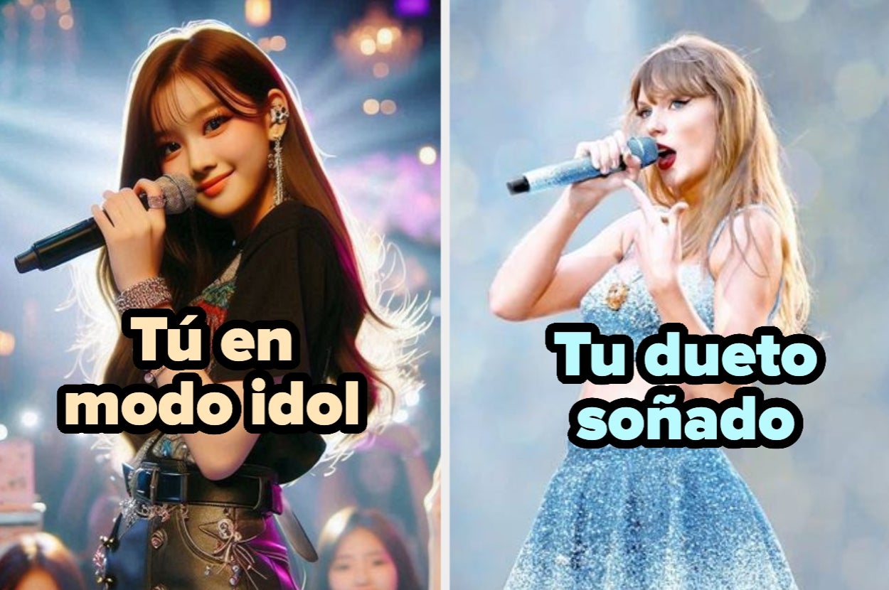 Cantante con micrófono en un lado; en el otro, cantante en vestido brillante. Texto: "Tú en modo idol", "Tu dueto soñado"
