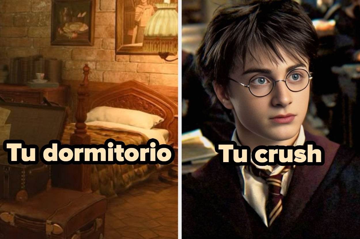 Comparativa humorística: a la izquierda, un dormitorio desordenado; a la derecha, un joven con gafas y uniforme escolar. Texo: "Tu dormitorio", "Tu crush"