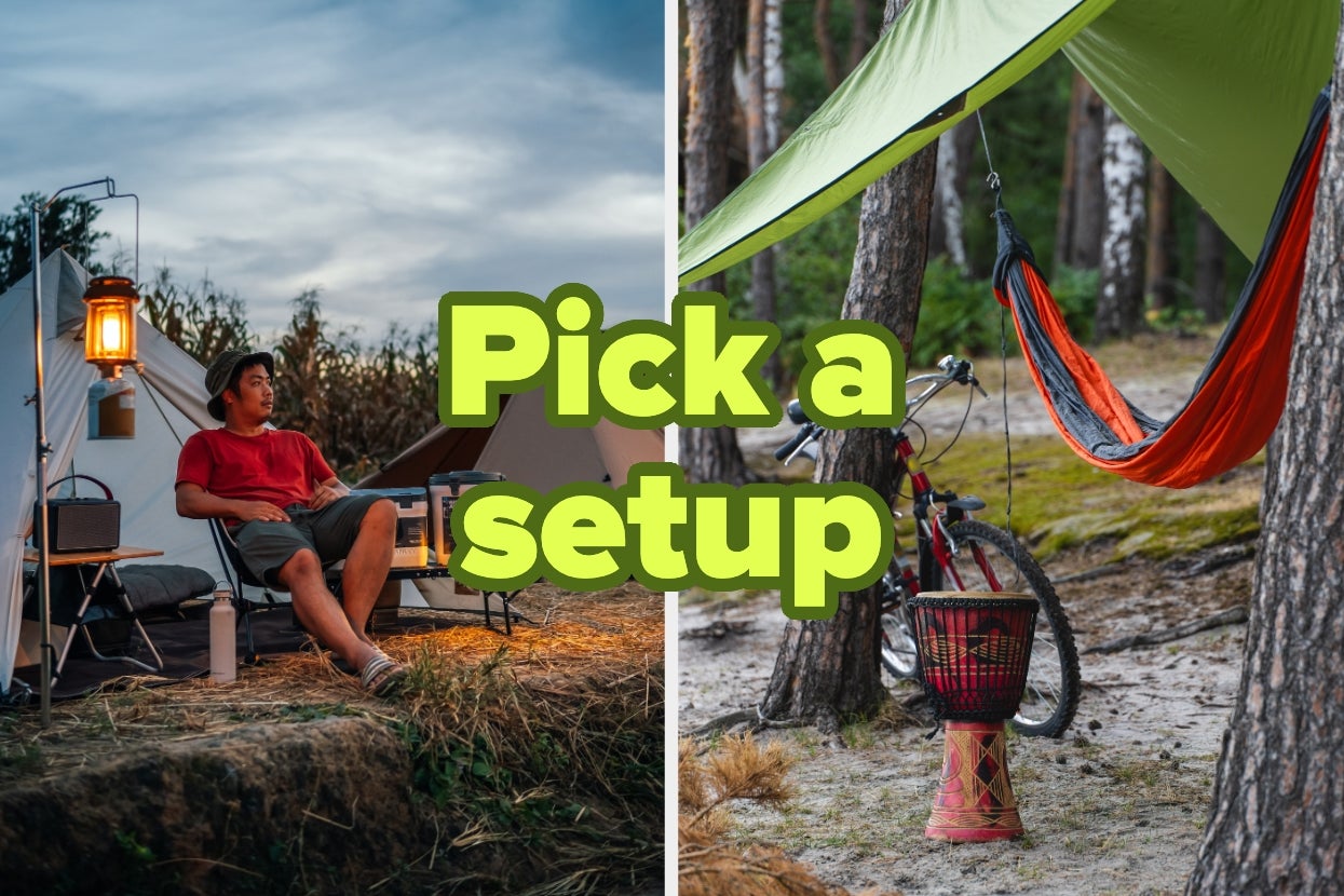 Left: Person relaxing by tent with book. Right: Hammock with bike in forest. Text: "Pick a setup."
