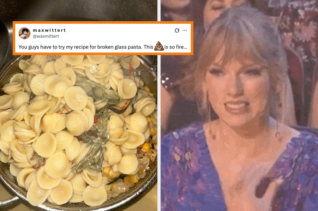 Pasta with broken glass and a tweet joke about the recipe is accompanied by a meme image of a person grimacing in disbelief